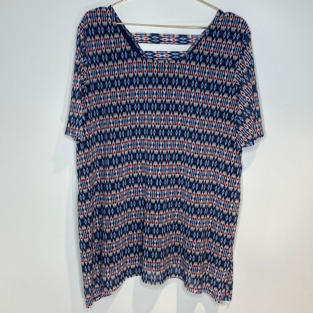 Catherines Size 1X 18/20W Mesh Overlay Tunic Top‎ Blouse Red Blue Short Sleeve